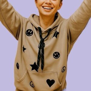 SK Tan Soft Hooded Sweatshirt with Black emojis, Womens size Medium